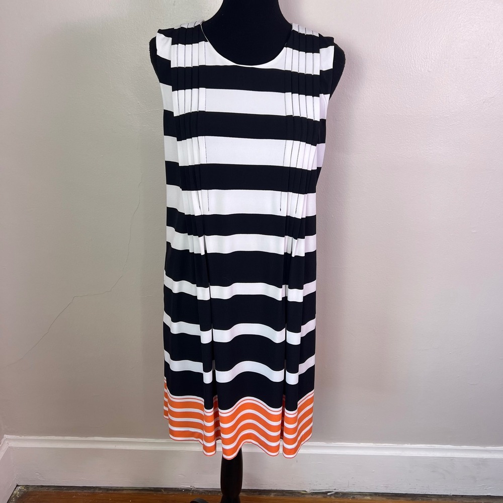 Calvin Klein Size 8 Black White Orange Striped Pleated Shift Dress